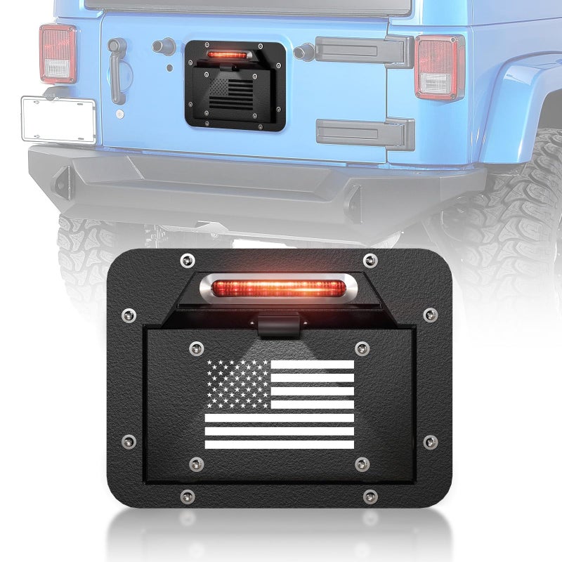 EYOUHZ for Wrangler JK Spare Tire Delete License Plate Frame with Illuminate Third Brake Light Compatible with 20072018 Jeep Wrangler JK JKU Rear Wheel Mount Licence Bracket Holder Relocation