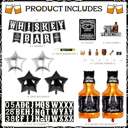 BORAMDO Whiskey Birthday Decorations for Men Aged to Perfection Birthday Party Supplies with Backdrop Tablecloth Whiskey Bar Banner Balloon Garland Poster for Men Adult Beer Party Decor - Image 5