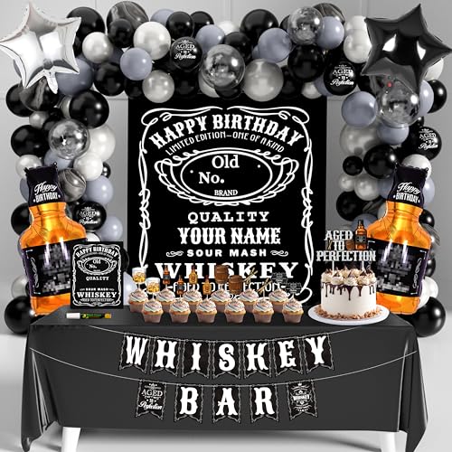 BORAMDO Whiskey Birthday Decorations for Men Aged to Perfection Birthday Party Supplies with Backdrop Tablecloth Whiskey Bar Banner Balloon Garland Poster for Men Adult Beer Party Decor - Image 1