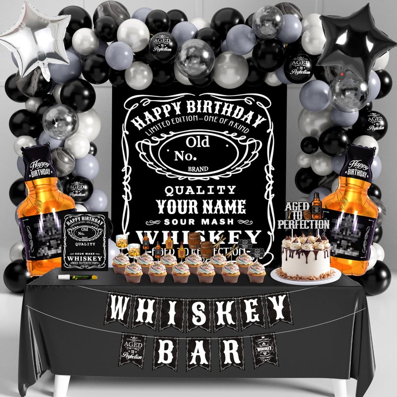 BORAMDO Whiskey Birthday Decorations for Men Aged to Perfection Birthday Party Supplies with Backdrop Tablecloth Whiskey Bar Banner Balloon Garland Poster for Men Adult Beer Party Decor - Image 3