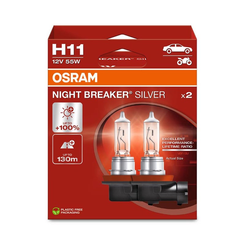 OSRAM Night Breaker Silver H11 100% More Brightness Halogen Headlight Bulb 64211NBS-2HB 12V Car Hanging Box (2 Bulbs) - Image 1