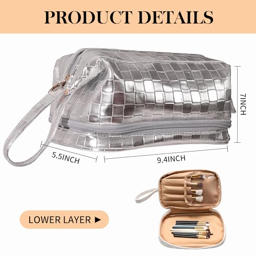 Abiudeng Large Makeup Bag for Women,Travel Makeup Organizer with Brush Holder, Dopp Kit,Waterproof Checkered Cosmetic Bag for Traveling,Multi-Compartment,Essentials,Cute,Spacious Capacity-silvery - Image 2