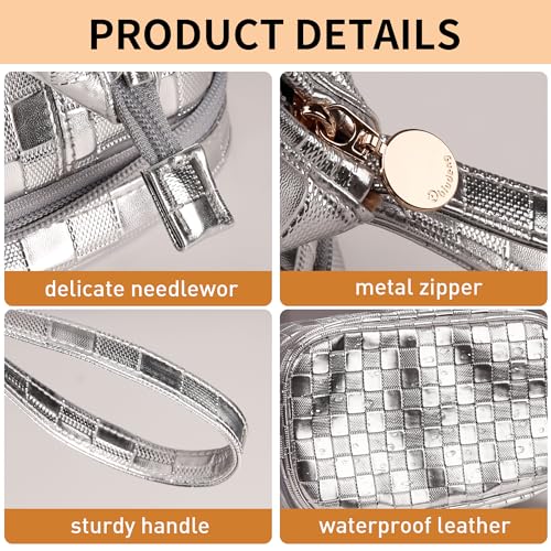 Abiudeng Large Makeup Bag for Women,Travel Makeup Organizer with Brush Holder, Dopp Kit,Waterproof Checkered Cosmetic Bag for Traveling,Multi-Compartment,Essentials,Cute,Spacious Capacity-silvery - Image 3
