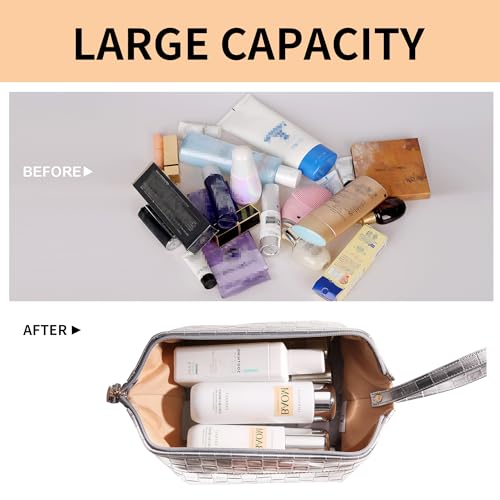 Abiudeng Large Makeup Bag for Women,Travel Makeup Organizer with Brush Holder, Dopp Kit,Waterproof Checkered Cosmetic Bag for Traveling,Multi-Compartment,Essentials,Cute,Spacious Capacity-silvery - Image 4