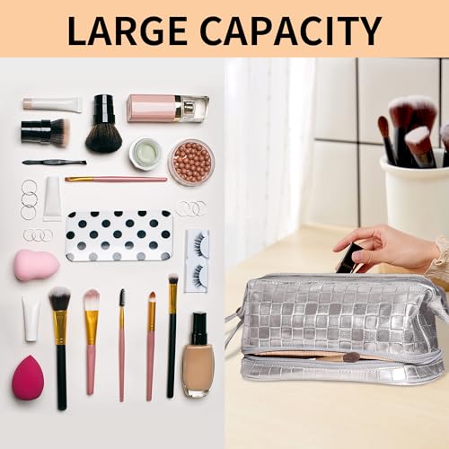 Abiudeng Large Makeup Bag for Women,Travel Makeup Organizer with Brush Holder, Dopp Kit,Waterproof Checkered Cosmetic Bag for Traveling,Multi-Compartment,Essentials,Cute,Spacious Capacity-silvery - Image 5