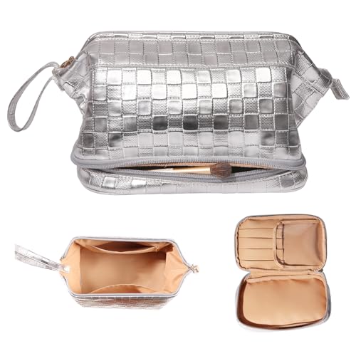 Abiudeng Large Makeup Bag for Women,Travel Makeup Organizer with Brush Holder, Dopp Kit,Waterproof Checkered Cosmetic Bag for Traveling,Multi-Compartment,Essentials,Cute,Spacious Capacity-silvery - Image 1