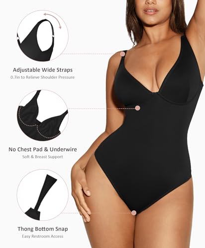 FeelinGirl Black Bodysuits for Women Tummy Control Thong Shape Wear Body Suit Sexy V Neck Body Suit Corset Top, Large - Image 3