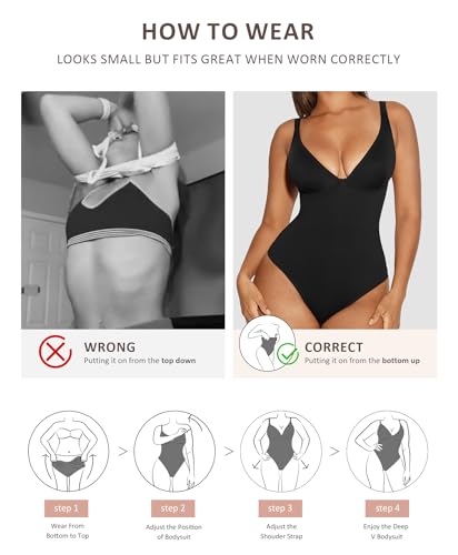FeelinGirl Black Bodysuits for Women Tummy Control Thong Shape Wear Body Suit Sexy V Neck Body Suit Corset Top, Large - Image 5