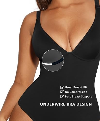 FeelinGirl Black Bodysuits for Women Tummy Control Thong Shape Wear Body Suit Sexy V Neck Body Suit Corset Top, Large - Image 4