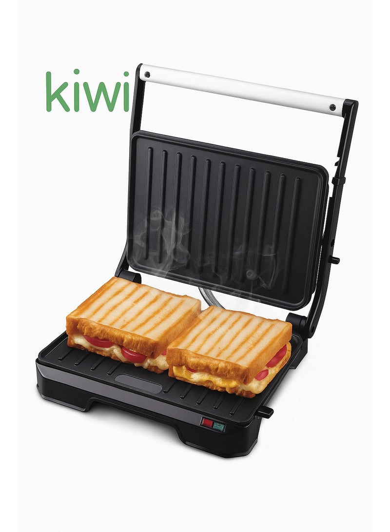 Kiwi Turkish-made 850W electric grill with non-stick plates for grilling meat, chicken, and sandwiches. Adjustable angle 90-180 degrees. Lock and overheat protection. Healthy and fast cooking. KSM-2444 (Advanced Turkish Technology) - Black - Image 1