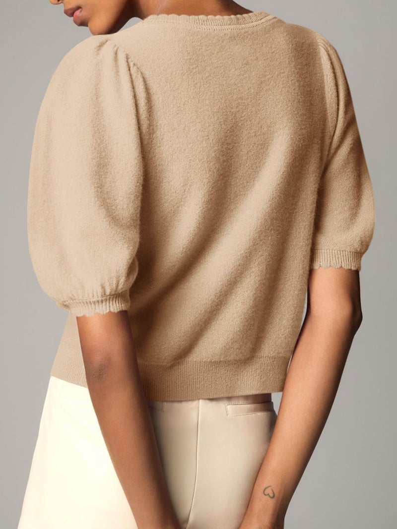 Saodimallsu Womens Puff Short Sleeve Cardigan Lightweight Summer Button Down Shirts Knit Crew Neck Sweater Tops Khaki - Image 5