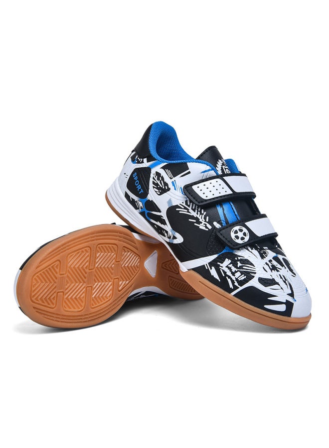 Black And White Blue Football Shoes Indoor Cement Floor Flat-soled Football Shoes For Primary And Secondary School Students, Boys And Girls With Beef Sole Velcro