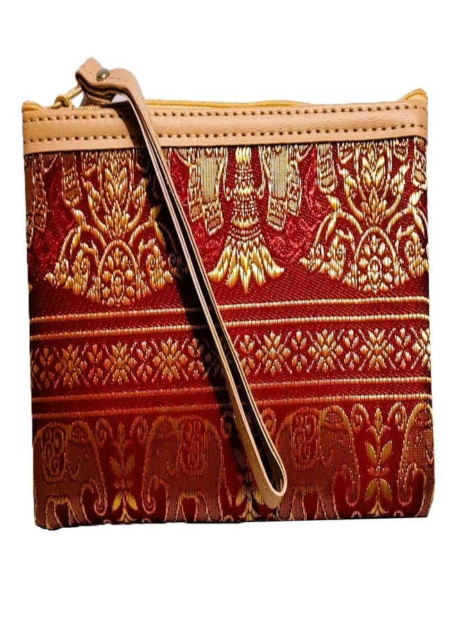 DeLegarde Traditional Brocade Clutch Wallet for Women, Red and Gold, 18 x 9.5 cm - Image 1