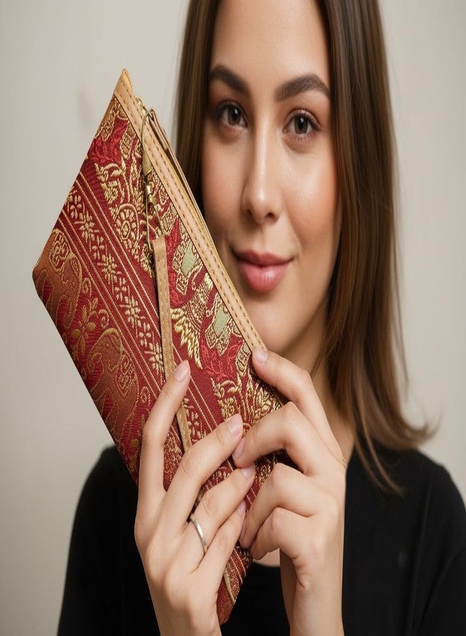 DeLegarde Traditional Brocade Clutch Wallet for Women, Red and Gold, 18 x 9.5 cm - Image 2