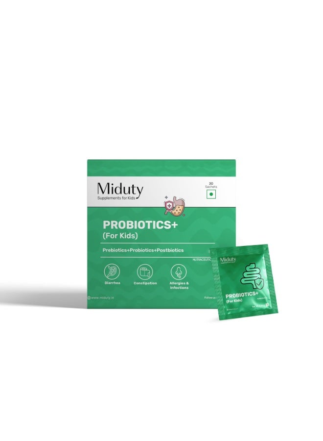 Miduty Probiotics+ for Kids - Prebiotic, Probiotic & Postbiotic - 6 Billion CFU, Sunfiber & Sodium Butyrate - Supports Gut Health, Immunity & Digestion - Unflavored - 30 Sachets - Image 1