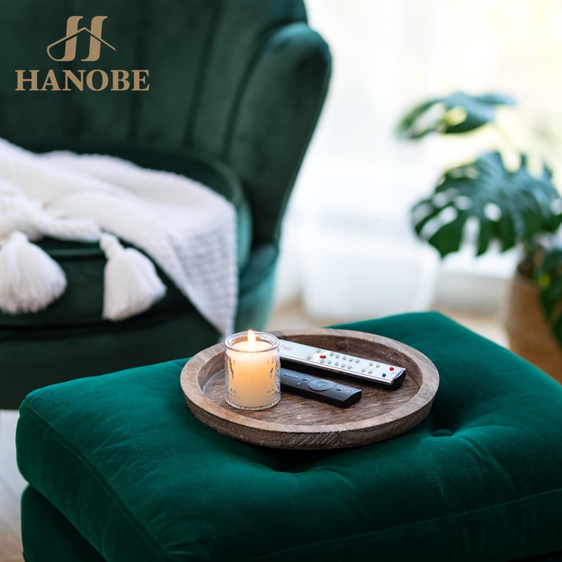 Hanobe Rustic Wooden Serving Tray: Set of 2 Round Wood Butler Decorative Tray Vintage Centerpiece Candle Holder Trays Farmhouse Ottoman Tray for Kitchen Countertop Home Decor for Coffee Table - Image 4