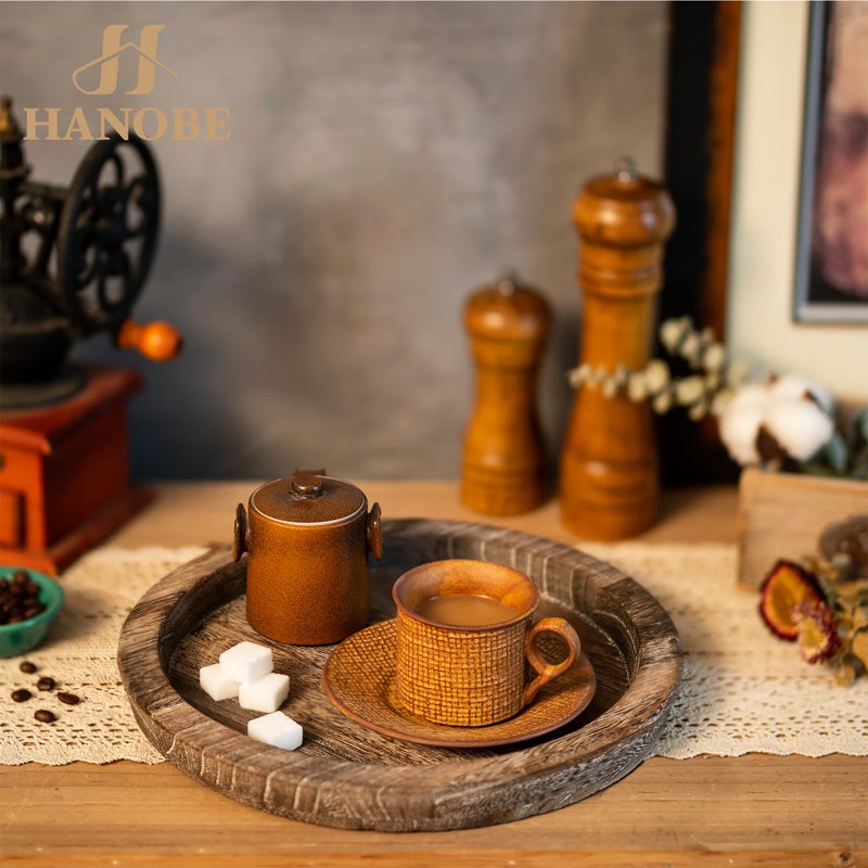 Hanobe Rustic Wooden Serving Tray: Set of 2 Round Wood Butler Decorative Tray Vintage Centerpiece Candle Holder Trays Farmhouse Ottoman Tray for Kitchen Countertop Home Decor for Coffee Table - Image 3