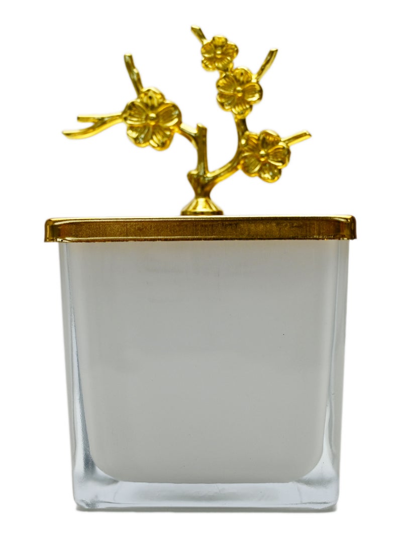 Glass Jewelry Box Candy Jar Golden Frame Aromatherapy Candle Bottle Cotton Swab Box Food Storage Container Home Decoration with Flower Shaped Lid Handle 