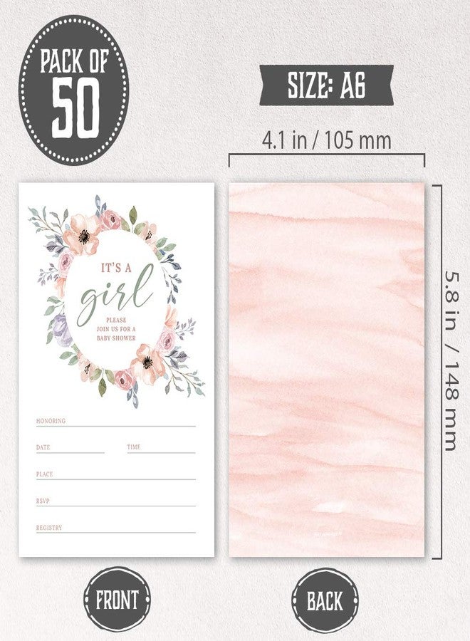 Hat Acrobat Set of 50 Baby Girl Shower Invitations with Envelopes - Floral Boho Baby Shower Invitations for Girl - 50 Double-Sided Blush Pink Baby Shower Invites for Girl - Image 2