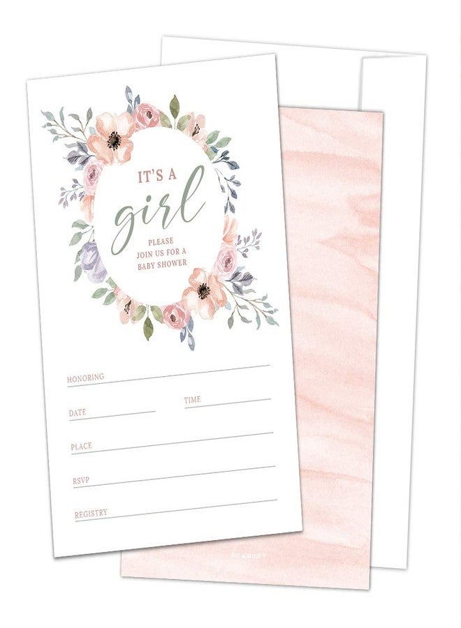 Hat Acrobat Set of 50 Baby Girl Shower Invitations with Envelopes - Floral Boho Baby Shower Invitations for Girl - 50 Double-Sided Blush Pink Baby Shower Invites for Girl - Image 1