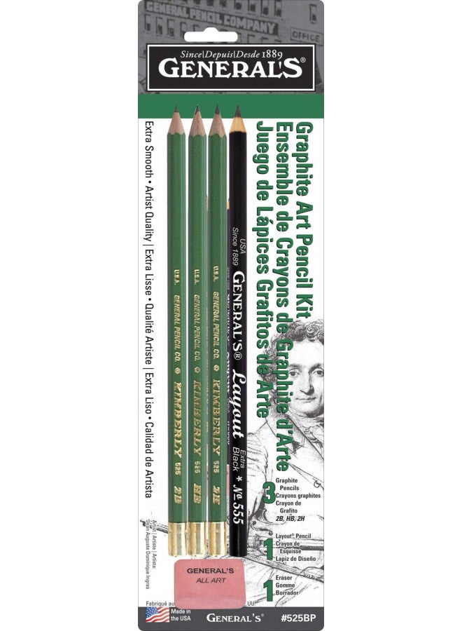 General's Generals Mini Drawing Kit - Set of 5 Includes 3 Drawing Pencils, Layout Pencil, and Eraser, Black - 525BP
