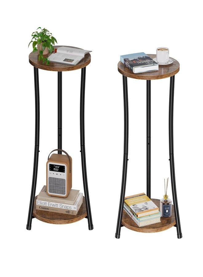 Simple Trending Round Side Table, 2 Tiers End Table for Living Room with Storage Shelf, Slim Sofa Table Set of 2, Rustic Brown - Image 1