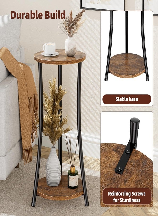 Simple Trending Round Side Table, 2 Tiers End Table for Living Room with Storage Shelf, Slim Sofa Table Set of 2, Rustic Brown - Image 5