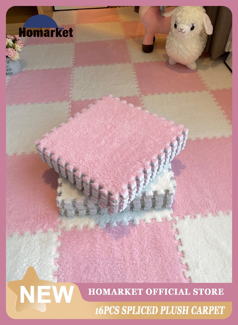 HomarKet 16Pcs Interlocking Foam Mats, Fluffy Carpet Tiles, Plush Area Rug, Square Splicing Floor Tiles, Soft Playmat Puzzle Floor Mat for Play Room, Apricot 30*30*1cm(Pink/White) - Image 1