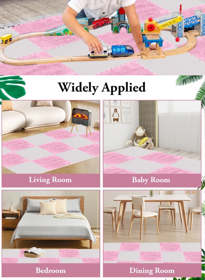 HomarKet 16Pcs Interlocking Foam Mats, Fluffy Carpet Tiles, Plush Area Rug, Square Splicing Floor Tiles, Soft Playmat Puzzle Floor Mat for Play Room, Apricot 30*30*1cm(Pink/White) - Image 2