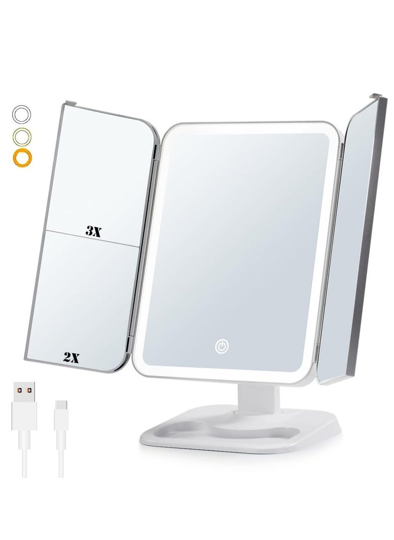 ELTRAZONE Makeup Mirror Vanity with Lights – 68 LED Trifold Mirror, 3 Color Lighting Modes, 1x/2x/3x Magnification, Touch Control Design, Portable High Definition Lighted Cosmetic Mirror, Perfect for Home & Travel (White) - Image 1
