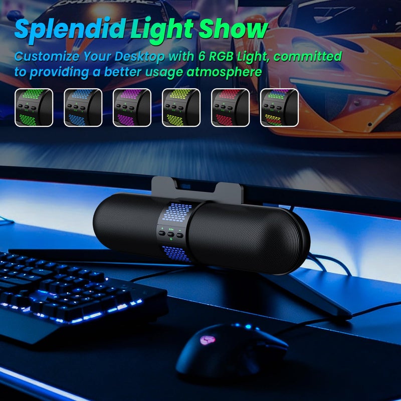BESTISAN Computer Speaker, Bluetooth 5.3/Wired USB A/C Connection, 6 RGB Light Modes, Gaming Soundbar for PC/Laptop/Desktop, USB A/C Adapter, Loud Sound, Easily Clamps to Monitor, Convenient Controls - Image 3