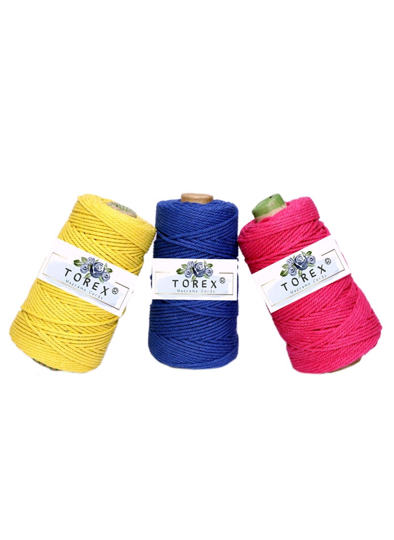 Torex TOREX� | Macrame Cords | N.pal Thread | 3mm| Single Strand |Each Cone 150Meters & 350 Gram per Spool | Pack of Multicolor 3pcs (Lemon Yellow, Royal Blue, Magenta)  - Image 1
