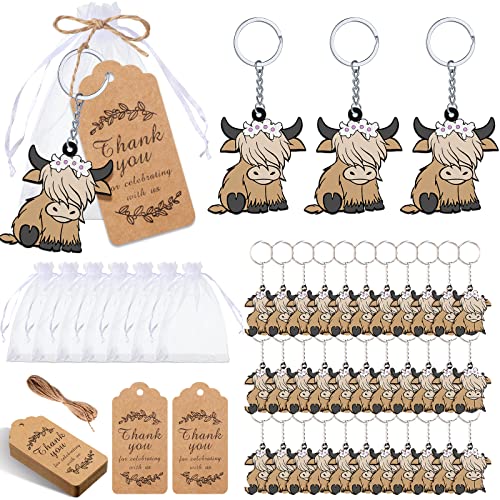 Kigeli 36 Sets Highland Cow Party Favors Baby Shower Keychains with Organza Bags Thank You Tags Cow Exchange Gifts for Gender Reveal Rewards Party SuppliesCute