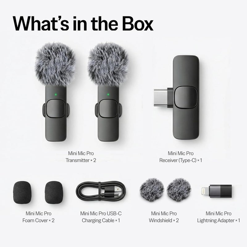 ميكروفون لافاليير لاسلكي ميني ميك برو لجهاز آيفون وأندرويد - تصميم مدمج مع محولات USB-C و Lightning - Image 3