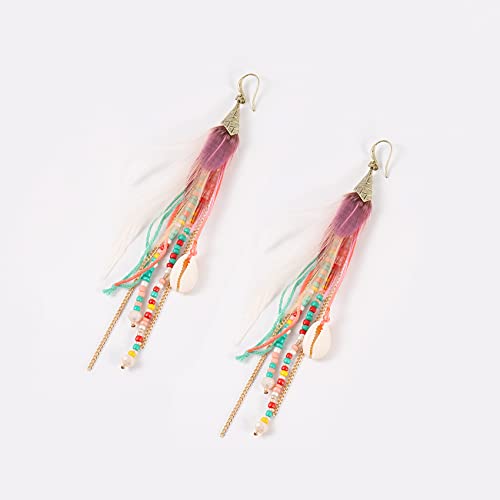 Badu Bohemian Feather Dangle Earrings for Women with Shell Beads Long Tassel Design Drop Earrings - Image 5