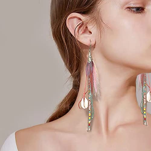 Badu Bohemian Feather Dangle Earrings for Women with Shell Beads Long Tassel Design Drop Earrings - Image 2