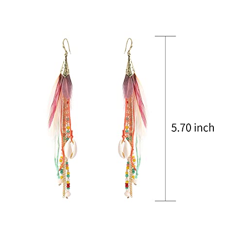 Badu Bohemian Feather Dangle Earrings for Women with Shell Beads Long Tassel Design Drop Earrings - Image 4