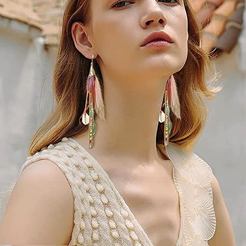 Badu Bohemian Feather Dangle Earrings for Women with Shell Beads Long Tassel Design Drop Earrings - Image 3