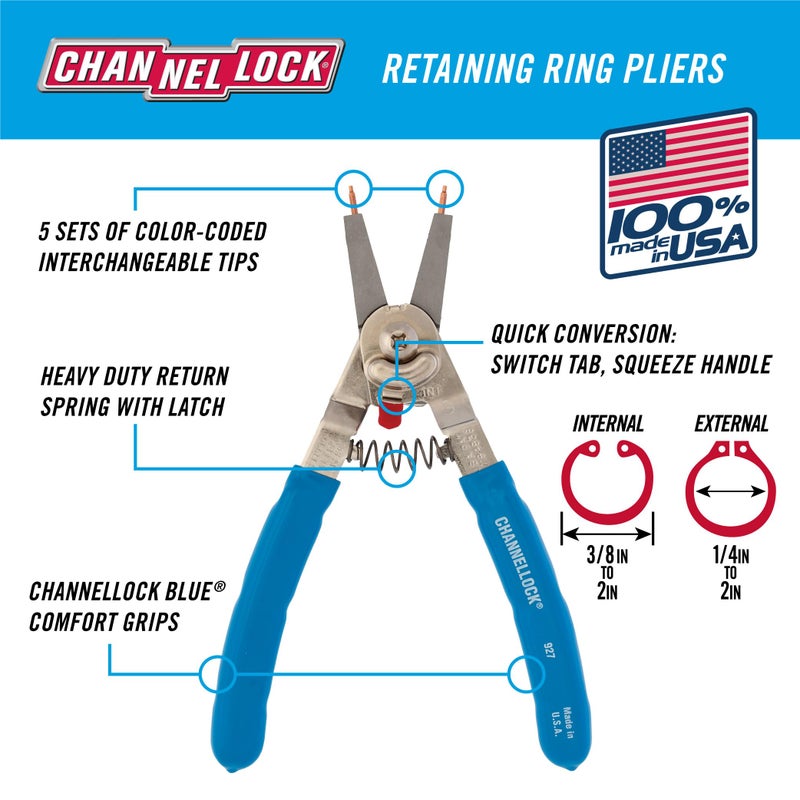 Channellock Snap Ring Plier 927 - Precision Circlip Retaining Ring Pliers, 5 Tips, Made in USA - 8-Inch - Image 2
