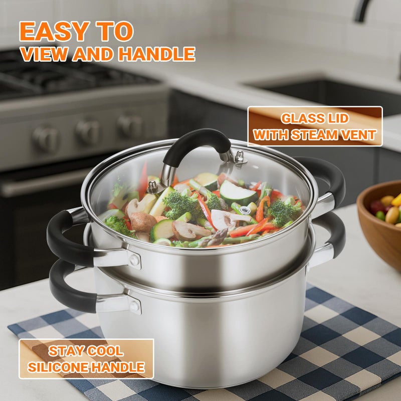 Kirecoo 3.2QT Steamer for Cooking - Stainless Steel Steam Pot with Steamer Basket, Cooking Stock Pot with Silicone Handle, Lid for Vegetable, Dumplings, Soup, Food, 3Ply Bottom Boiling Stew Cookware - Image 5