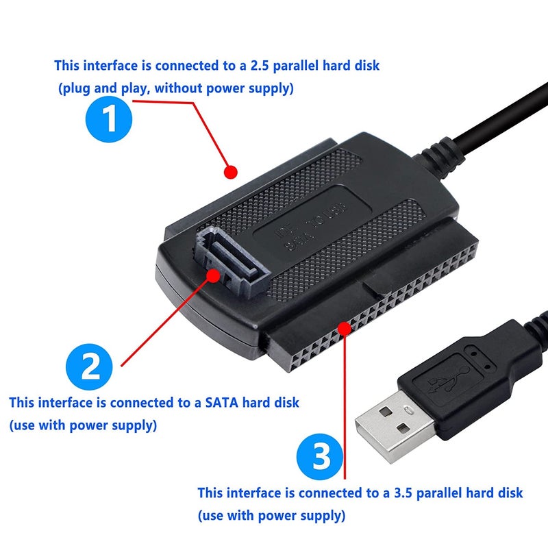ETZIN محول كابل USB إلى SATA IDE USB 2.0 إلى 2.5/3.5/5.25 بوصة IDE و SATA لجهاز الكمبيوتر الشخصي، اللابتوب، مشغل DVD (1.8 قدم/أسود) EPL-987HS - Image 2