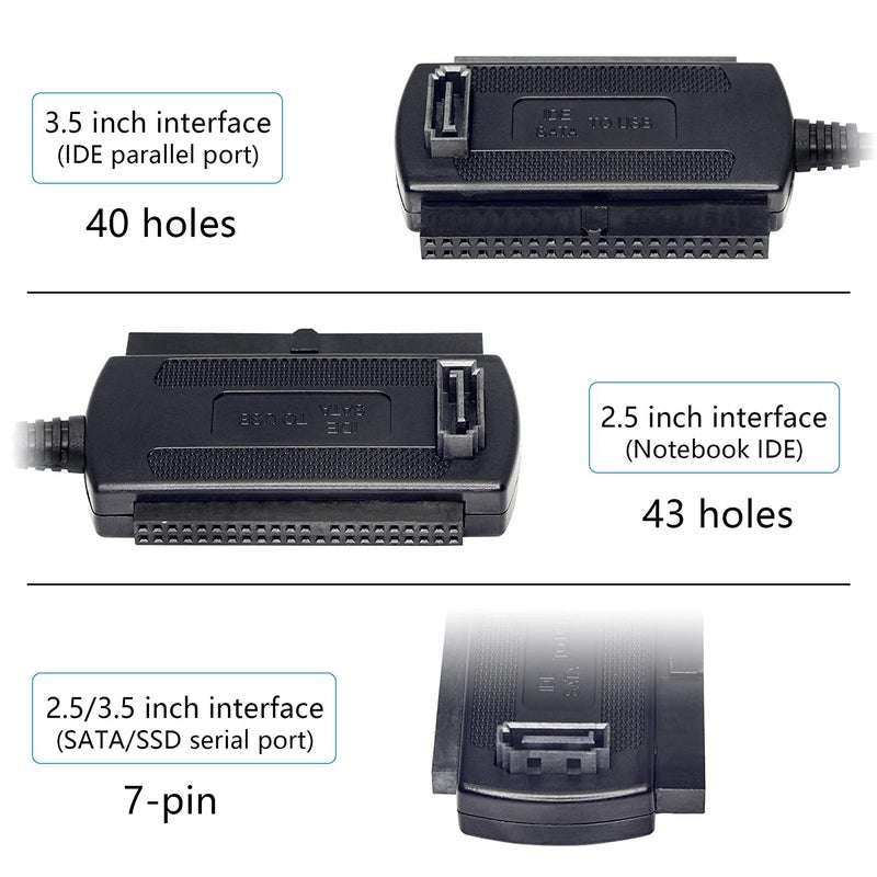 ETZIN محول كابل USB إلى SATA IDE USB 2.0 إلى 2.5/3.5/5.25 بوصة IDE و SATA لجهاز الكمبيوتر الشخصي، اللابتوب، مشغل DVD (1.8 قدم/أسود) EPL-987HS - Image 3