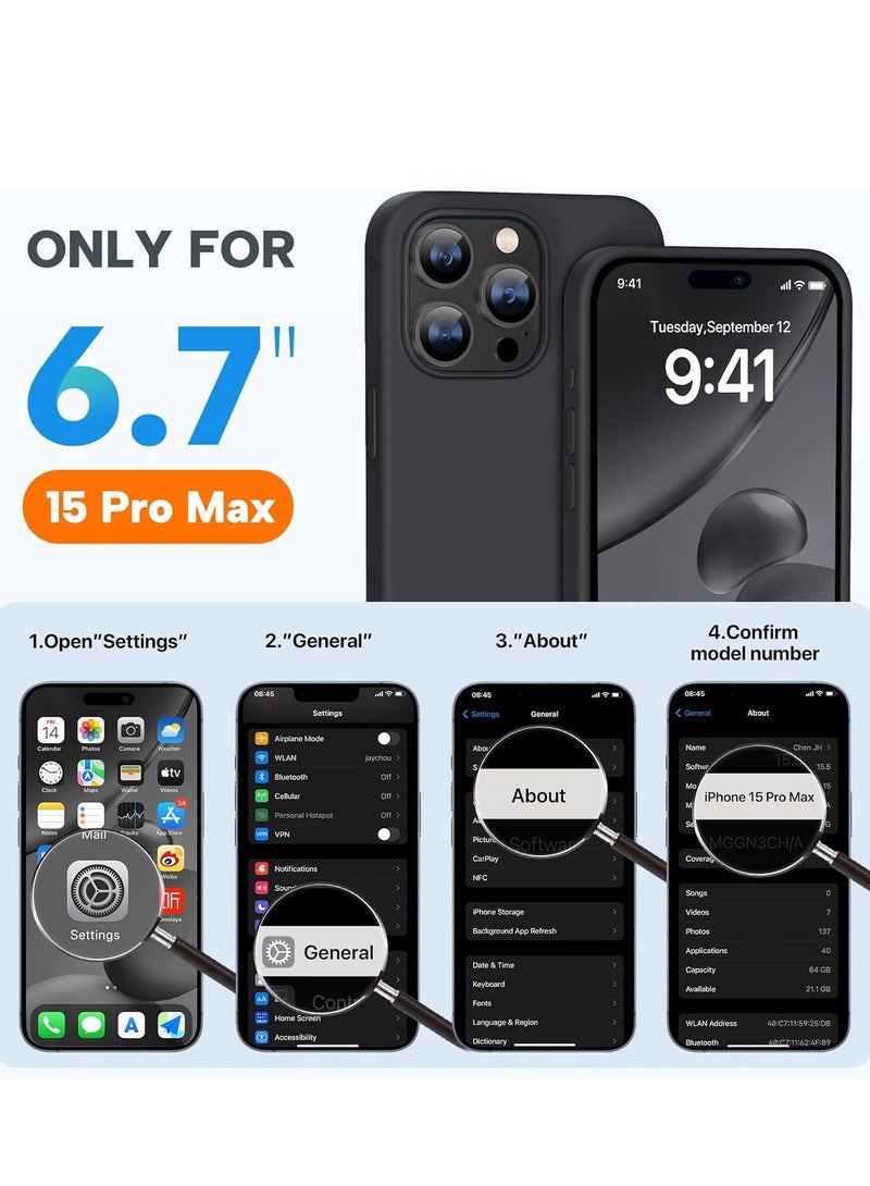 ثسؤشسث جراب سيليكون مغناطيسي لهاتف آيفون 15 برو ماكس 6.7 بوصة، متوافق مع MagSafe، جراب هاتف واقي كامل الجسم حريري ناعم الملمس، غطاء واقٍ ضد الصدمات مع بطانة من الألياف الدقيقة أسود - Image 2