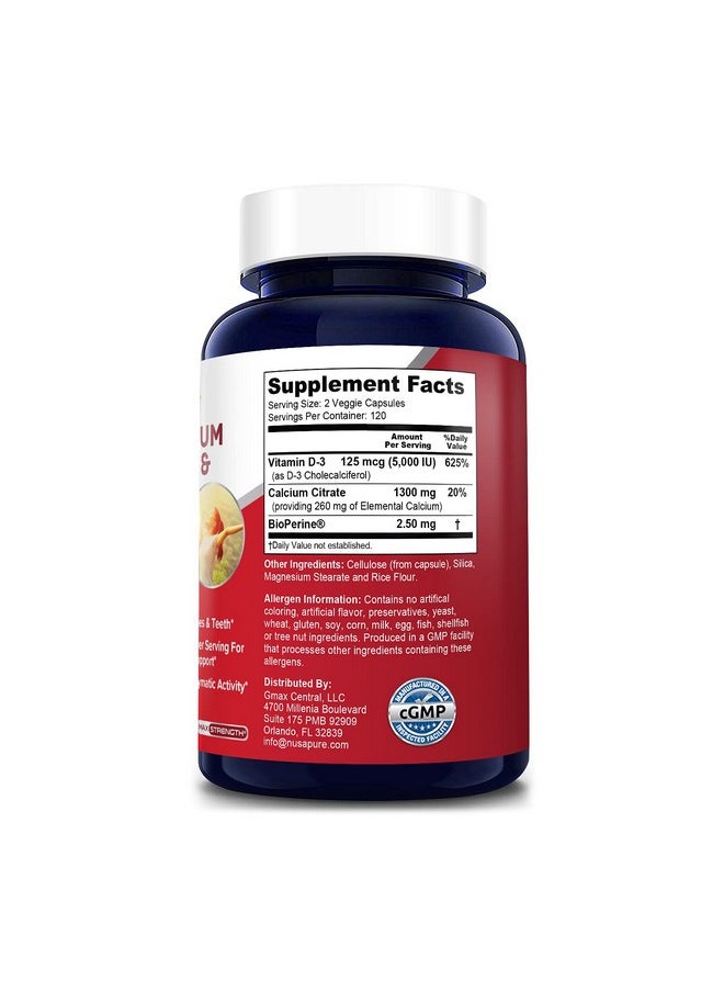 NusaPure - Super Calcium 1300Mg With Vitamin D3 And Bioperine 240 Veggie Caps (Nongmo & Glutenfree) - Image 1
