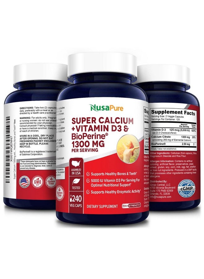 NusaPure - Super Calcium 1300Mg With Vitamin D3 And Bioperine 240 Veggie Caps (Nongmo & Glutenfree) - Image 1