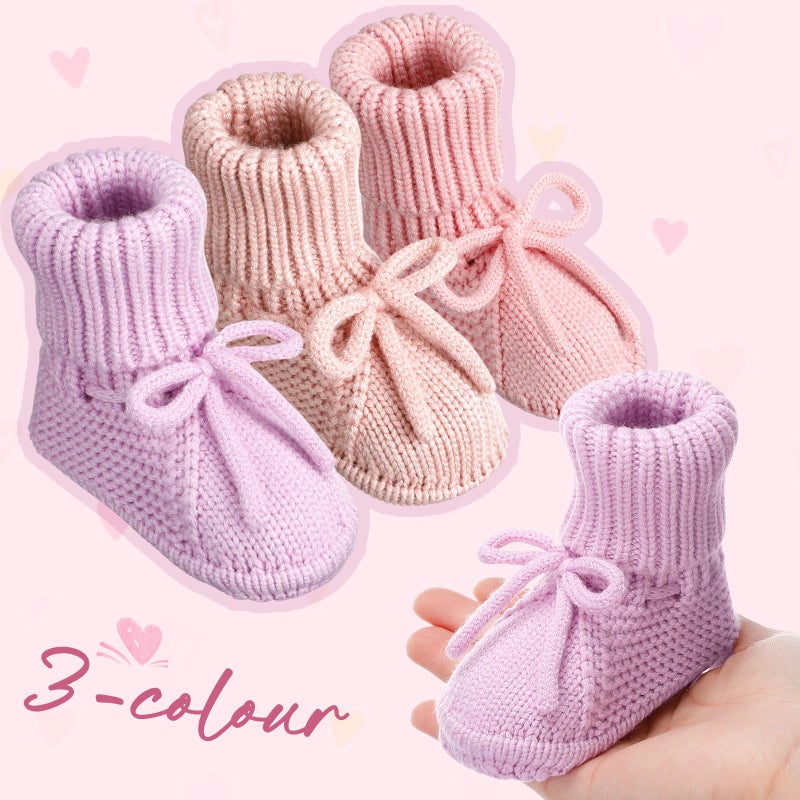 Evervibe 3 Pairs Knitted Baby Booties 0-6 Months Newborn Baby Shoes First Walkers Cozy Shoes for Infant Girl Boy(Pink, Light Pink, Light Purple,Classic) - Image 3
