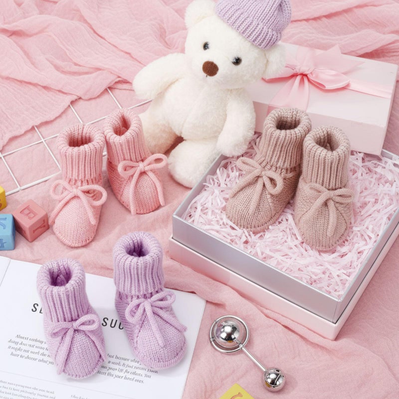 Evervibe 3 Pairs Knitted Baby Booties 0-6 Months Newborn Baby Shoes First Walkers Cozy Shoes for Infant Girl Boy(Pink, Light Pink, Light Purple,Classic) - Image 2