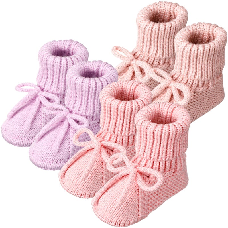 Evervibe 3 Pairs Knitted Baby Booties 0-6 Months Newborn Baby Shoes First Walkers Cozy Shoes for Infant Girl Boy(Pink, Light Pink, Light Purple,Classic) - Image 1