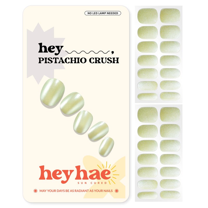 heyhae Semi Cured Gel Nail Strips | No LED Lamp Needed | Summer, Chrome, Green | Easy Apply & Remove, Salon Quality | Includes 28 Strips, 1 Prep Pads, Nail File & Wooden stick - Hey, Pistachio Crush - Image 1