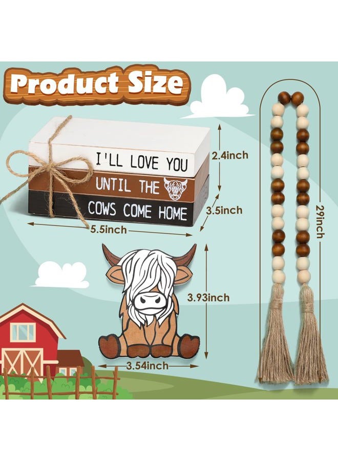 WODOHOLO Highland Cow Wooden Tiered Tray Decor, Farmhouse Wooden Book Stacks Rustic Table Centerpiece Block Signs Decor - Image 2